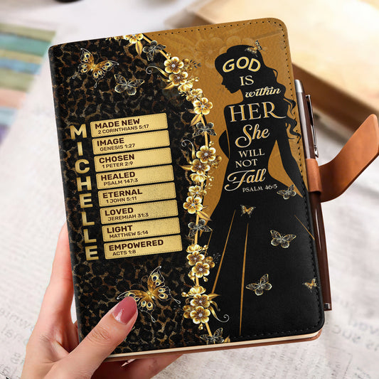 God Is Within Her She Will Not Fall | Personalized Leather Notebook & Pen Set