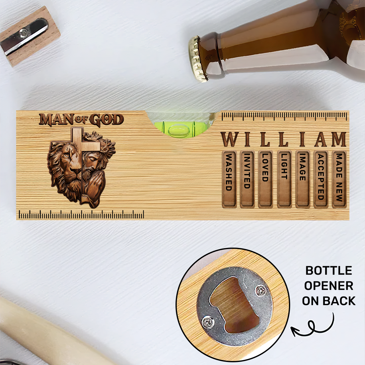 Man Of God | Personalized Wooden Spirit Level Bottle Opener