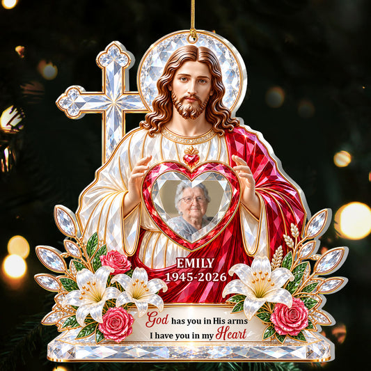 Upload Photo God Has You In His Arms Remembrance Gift, Sympathy Gift For Family | Personalized 1-Layer Acrylic Ornament