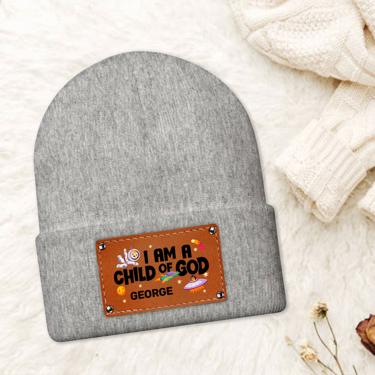 I Am A Child Of God | Personalized Leather Knitted Beanie JSLKBPH1941M