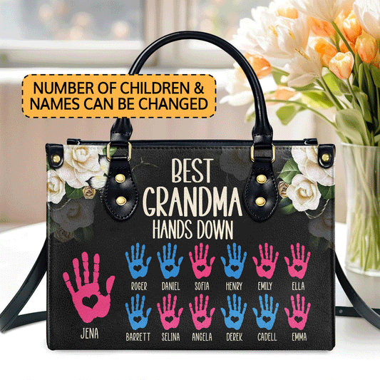 Best Grandma Hands Down | Personalized Leather Handbag With Zipper LHBH835