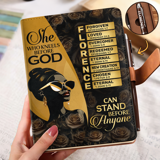 She Who Kneels Before God Can Stand Before Anyone | Personalized Leather Notebook & Pen Set