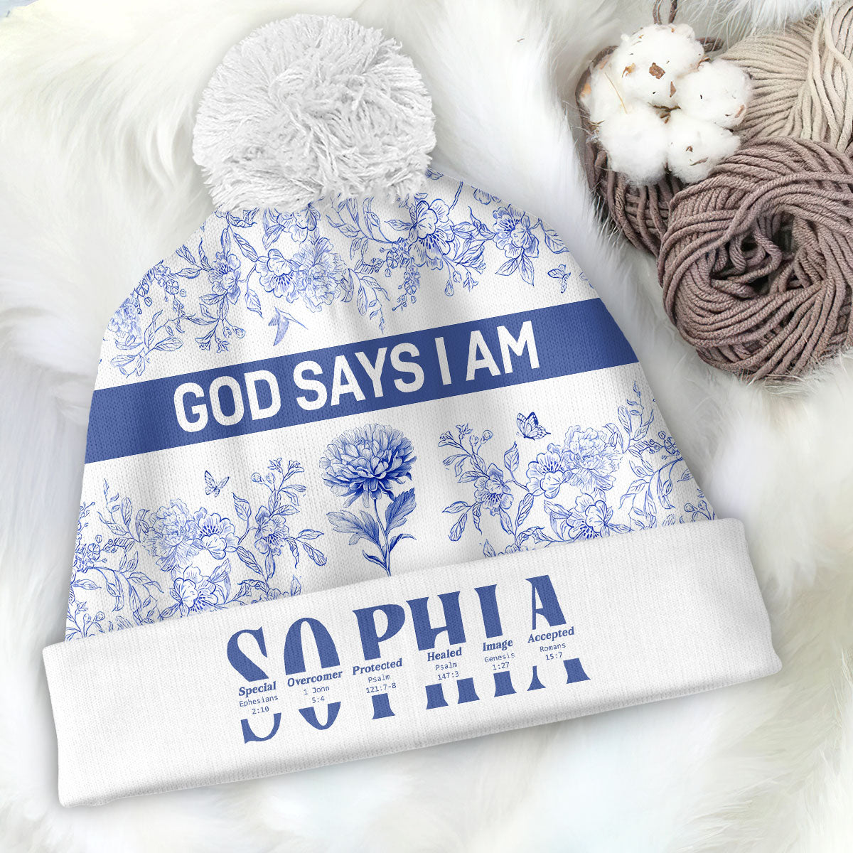 God Says I Am Toile De Jouy Style | Personalized Bobble Beanie Hat
