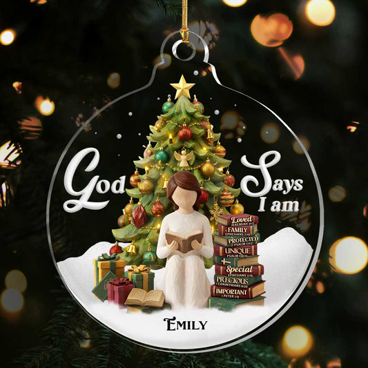 God Says I Am Reading Next To Christmas Tree | Personalized 1-Layer Acrylic Ornament