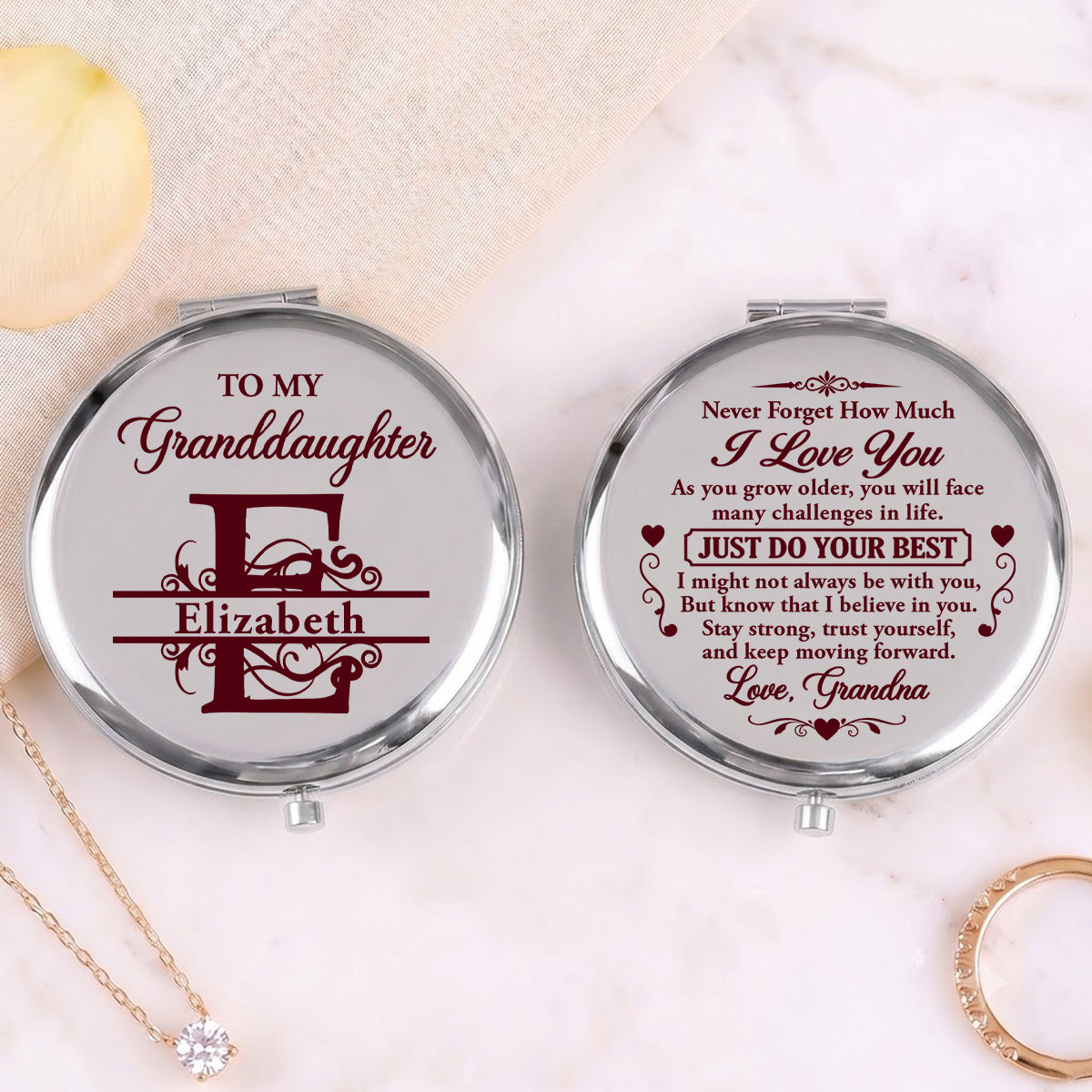 To My Granddaughter Never Forget How Much I Love You | Personalized Circle Metallic Mirror