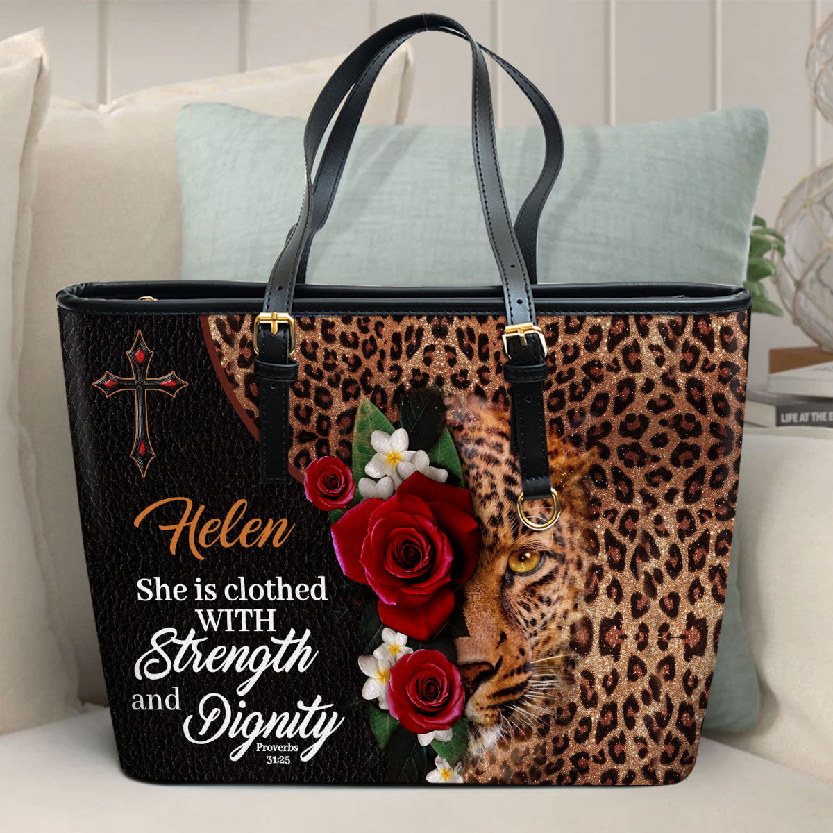 Jesuspirit | Personalized Large Leather Tote Bag With Shoulder Strap | Joshua 1:9 | Be Strong And Courageous | Religious Gifts For Christian Prayer LLTBM804