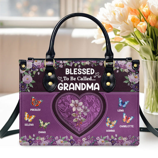 Blessed To Be Called Grandma Butterfly | Personalized Leather Handbag