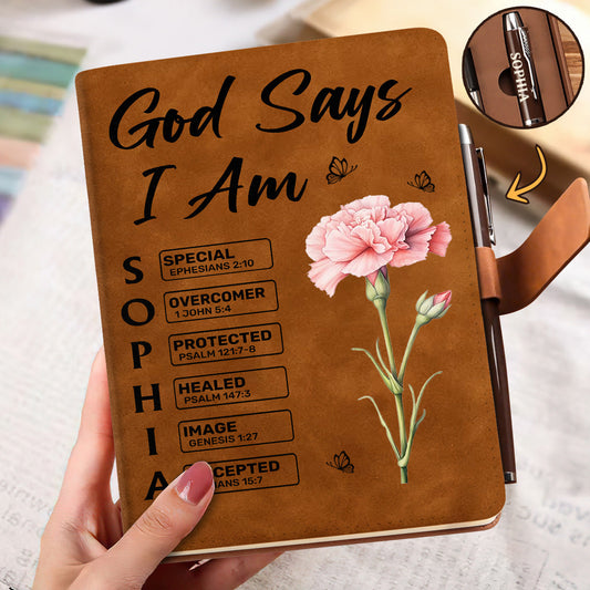 God Says You Are Custom Birth Flower & Name In Bible Verses | Personalized Leather Notebook & Pen Set