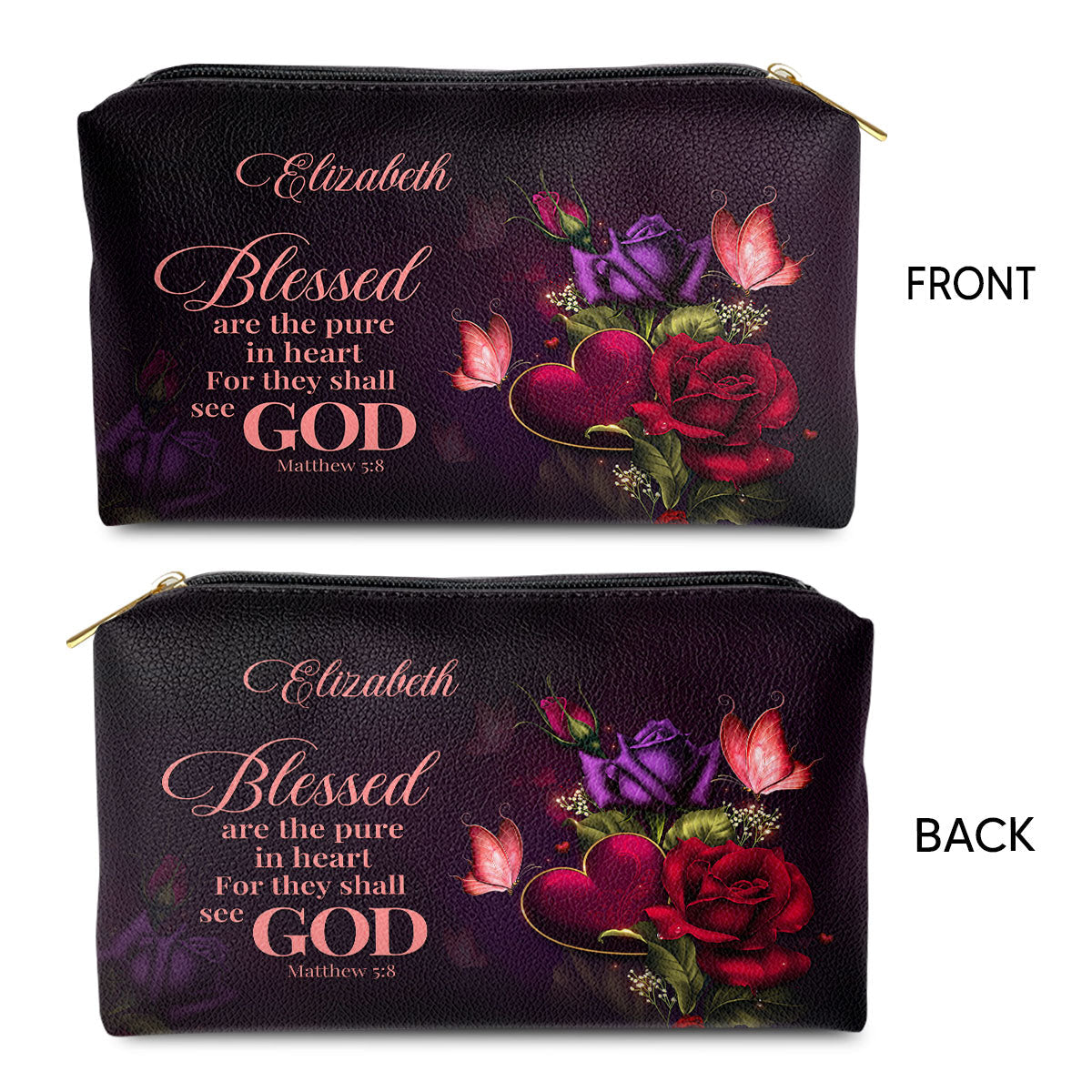 Jesuspirit | Personalized Butterfly And Rose Leather Pouch | Worship Gift For Women's Ministry | Matthew 5:8 | Blessed Are The Pure In Heart NUH472