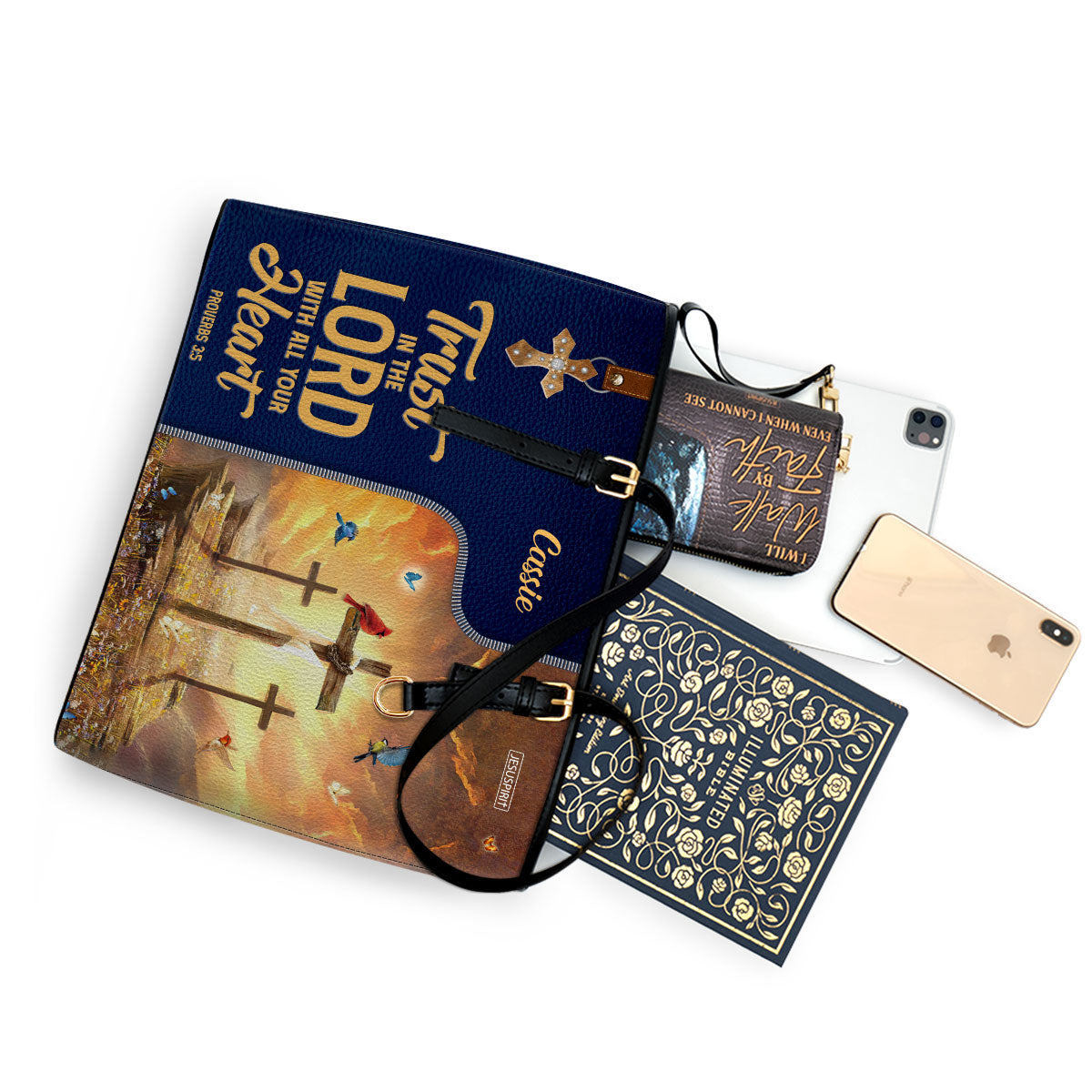Must-Have Personalized Large Leather Tote Bag - Trust In The Lord With All Your Heart NUM500