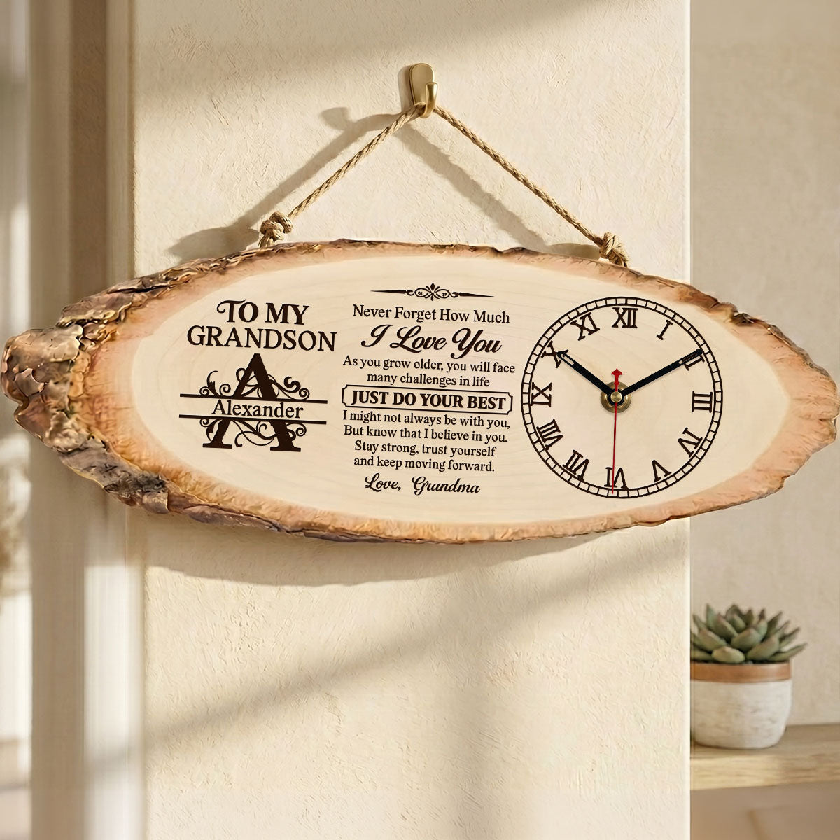 To My Grandson Never Forget How Much I Love You | Personalized Wooden Desk Clock