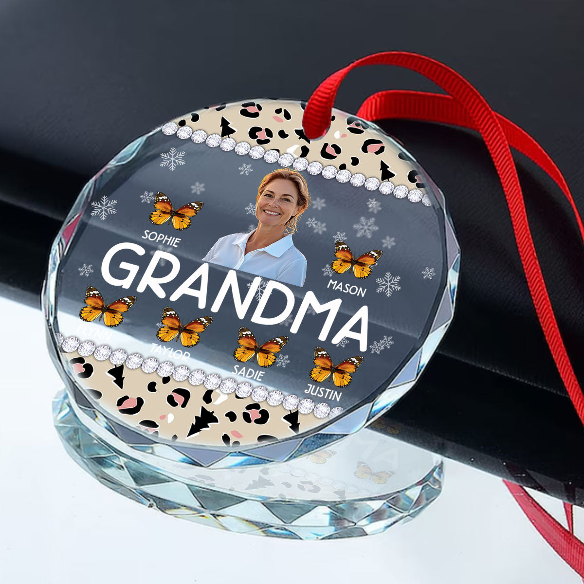 Grandma And Kids | Personalized 1-Side Round Glass Ornament JSURGOPHLN2613L