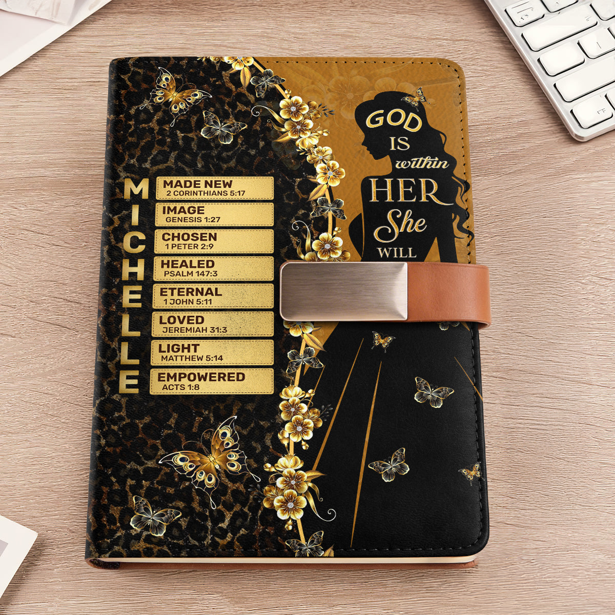 God Is Within Her She Will Not Fall | Personalized Leather Notebook & Pen Set