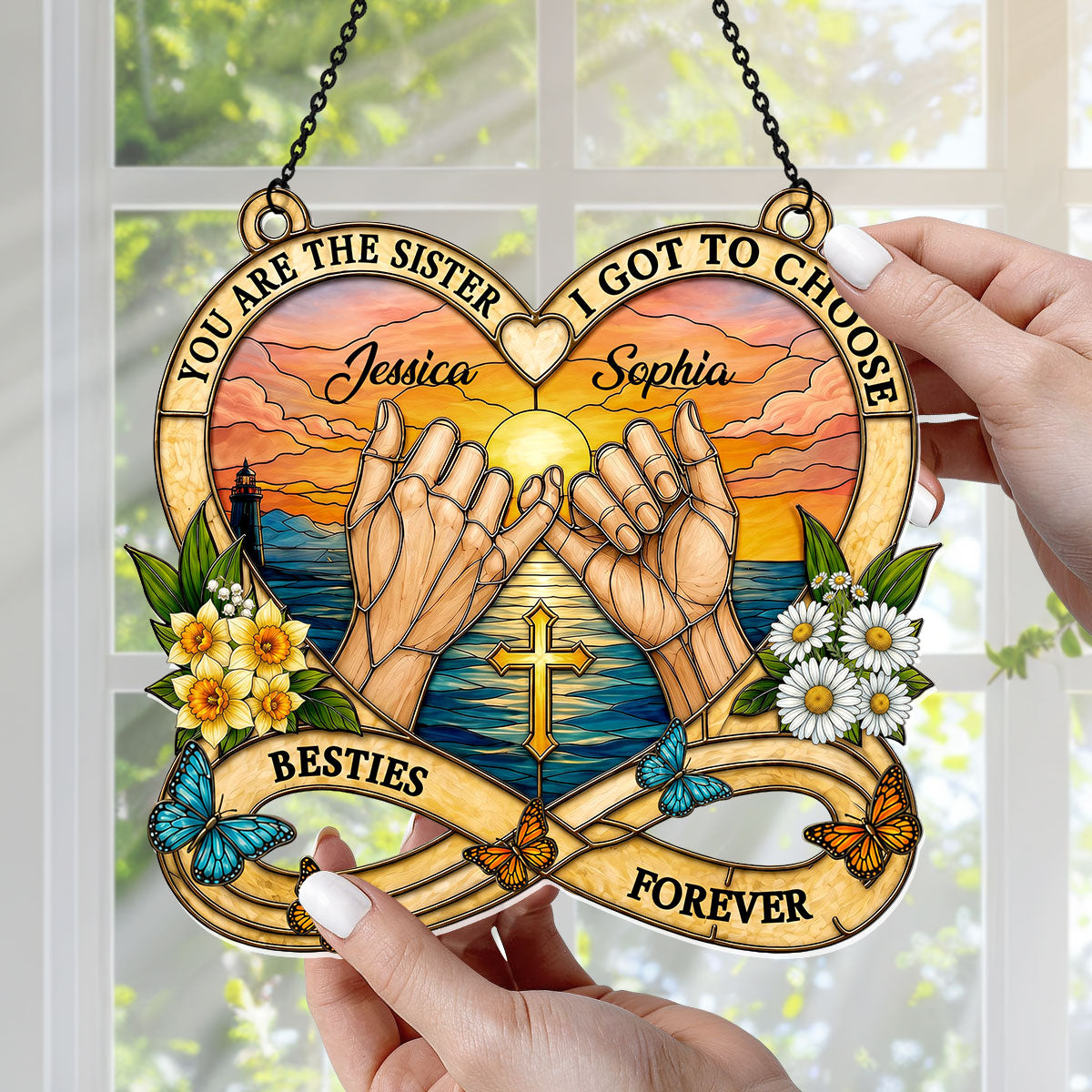 To My Bestie, Sister In Christ Birth Month Flower | Personalized Acrylic Suncatcher