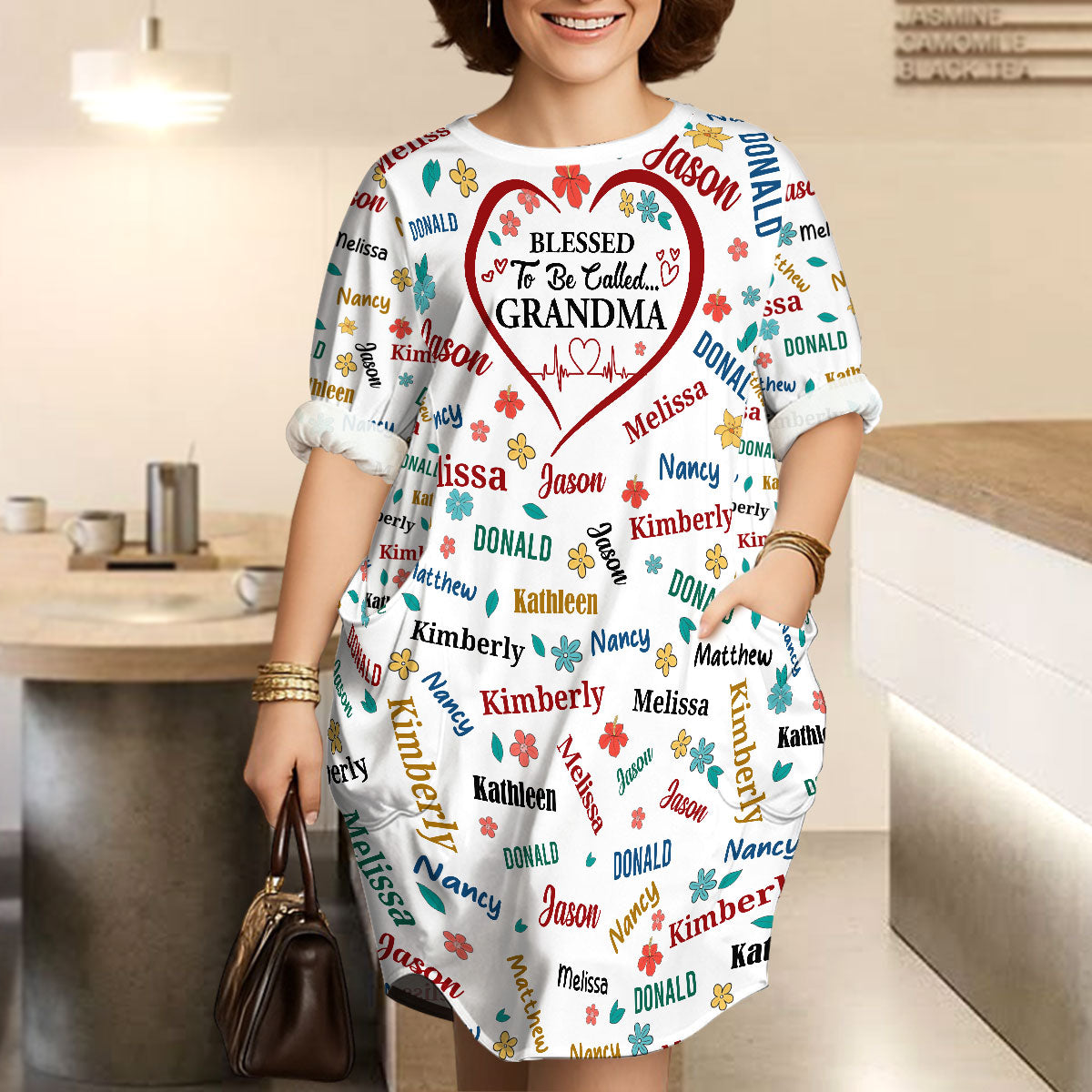 Blessed To Be Called Grandma | Personalized AOP Loose Pocket Oversize T-Shirt Dress