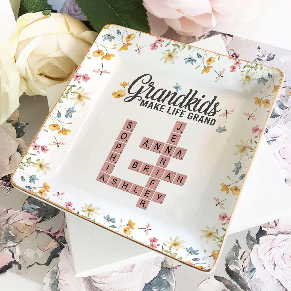 Grandkids Make Life Grand | Personalized Ceramic Ring Dish Square