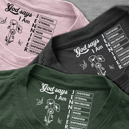 God Says I Am Name In Bible Verse Birth Flower | Personalized Shirt With Design Inner Neck