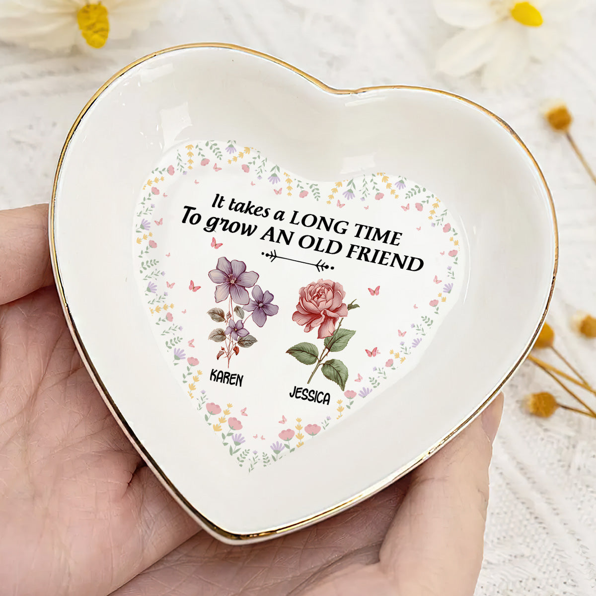 It Takes A Long Time To Grow An Old Friend | Personalized Heart Shaped Jewelry Dish