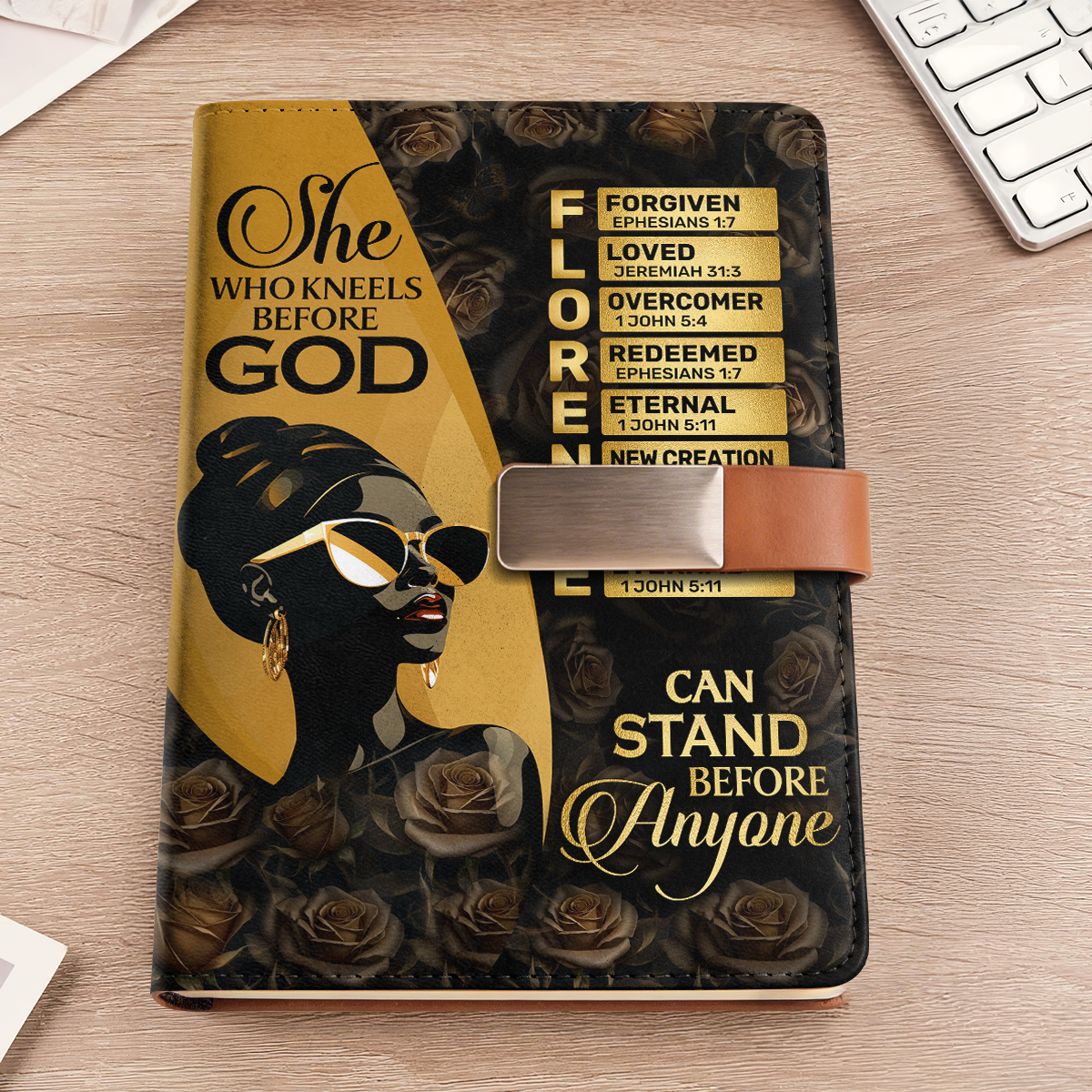 She Who Kneels Before God Can Stand Before Anyone | Personalized Leather Notebook & Pen Set