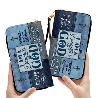 Personalized Leather Clutch Purse With Wristlet Strap Handle - Daughter Of God