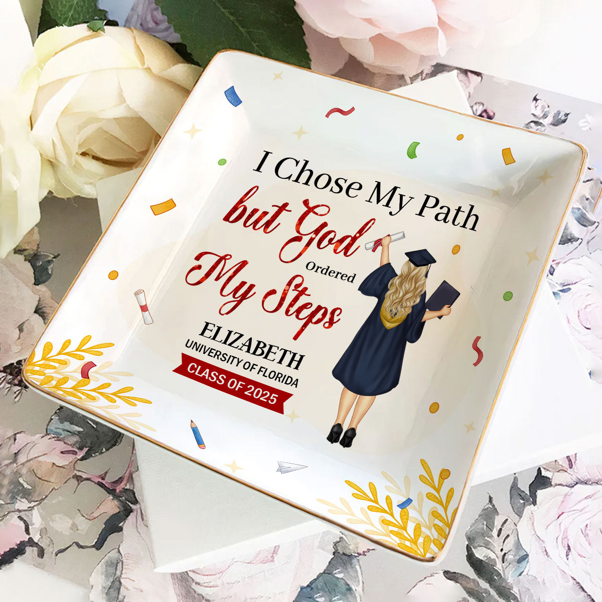 I Chose My Path But God Ordered My Steps | Personalized Ceramic Ring Dish Square