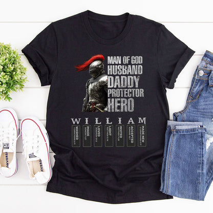 Man Of God Husband Daddy Protector Hero With Name Letter In Bible | Personalized 2D Unisex T-shirt