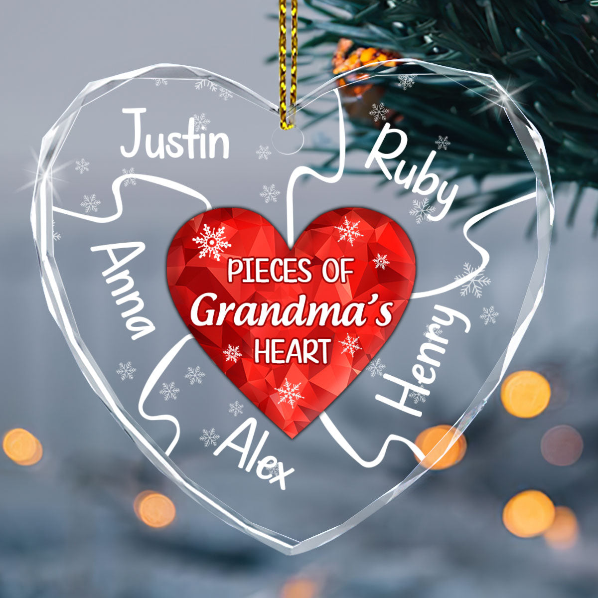 Pieces Of Grandma's Heart | Personalized Heart Shaped Glass Ornament JSHGOHLN2652D