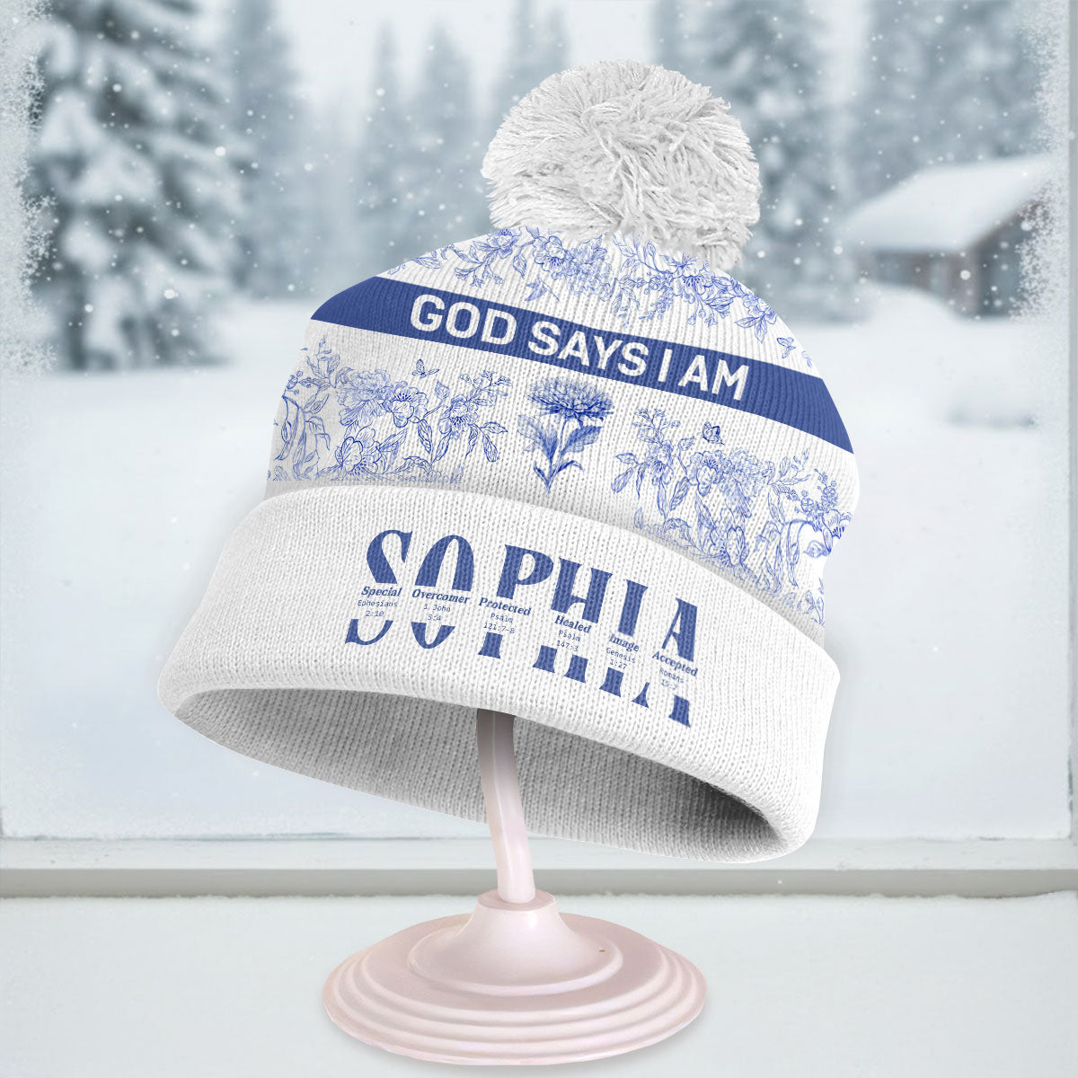 God Says I Am Toile De Jouy Style | Personalized Bobble Beanie Hat