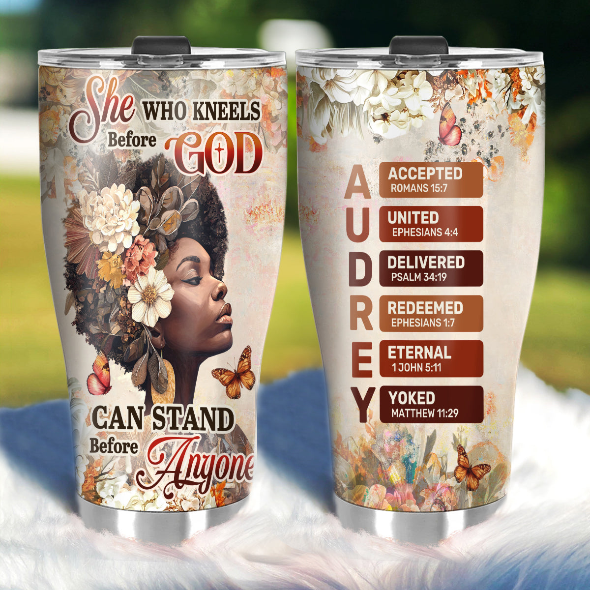 She Who Kneels Before God Can Stand Before Anyone | Personalized Stainless Steel Tumbler
