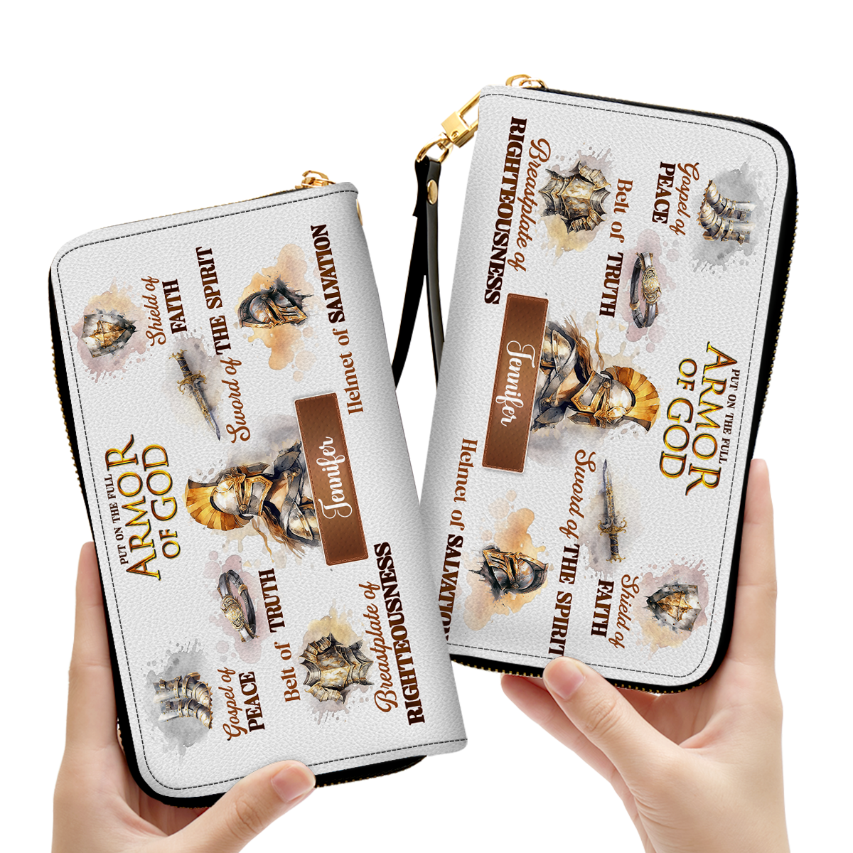 Personalized Leather Clutch Purse With Wristlet Strap Handle - Armor Of God