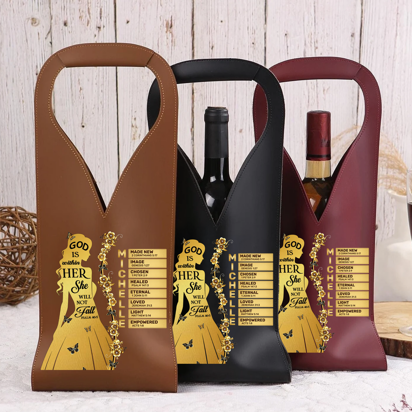 God Is Within Her She Will Not Fall | Personalized Leather Wine Bag