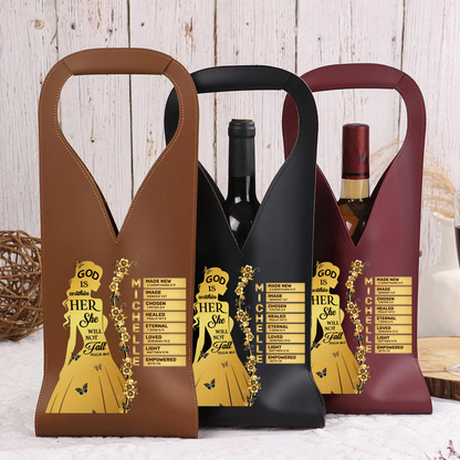 God Is Within Her She Will Not Fall | Personalized Leather Wine Bag