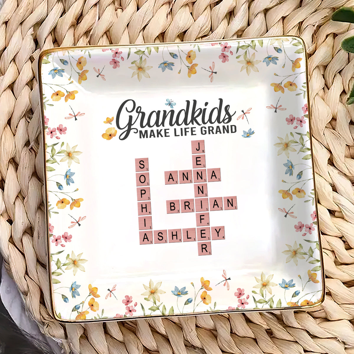 Grandkids Make Life Grand | Personalized Ceramic Ring Dish Square