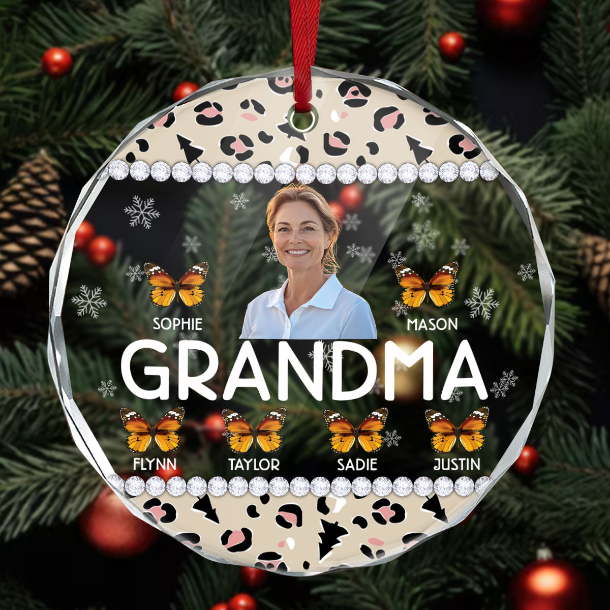 Grandma And Kids | Personalized 1-Side Round Glass Ornament JSURGOPHLN2613L