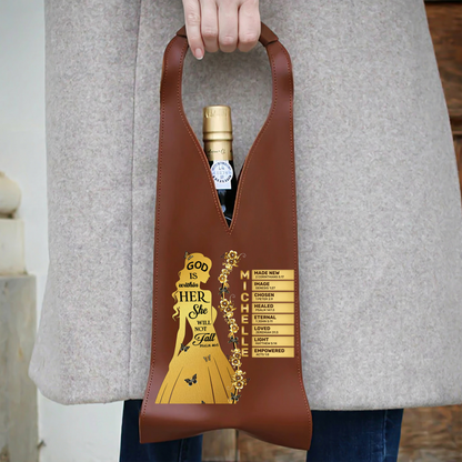 God Is Within Her She Will Not Fall | Personalized Leather Wine Bag