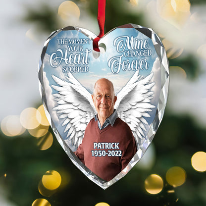 The Moment Your Heart Stopped Mine Changed Forever | Personalized Heart Shaped Glass Ornament JSHGOPN2748T