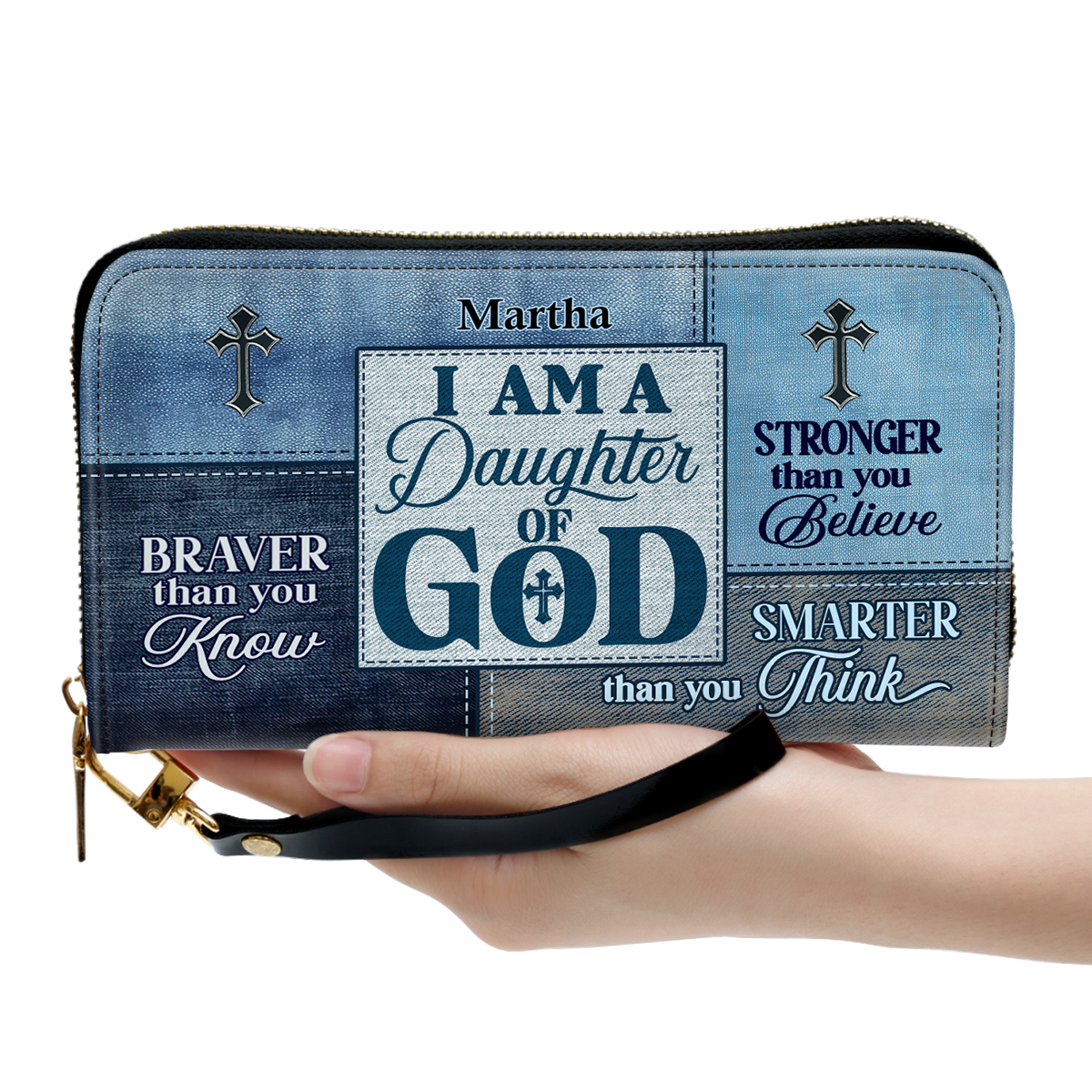 Personalized Leather Clutch Purse With Wristlet Strap Handle - Daughter Of God