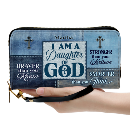 Personalized Leather Clutch Purse With Wristlet Strap Handle - Daughter Of God