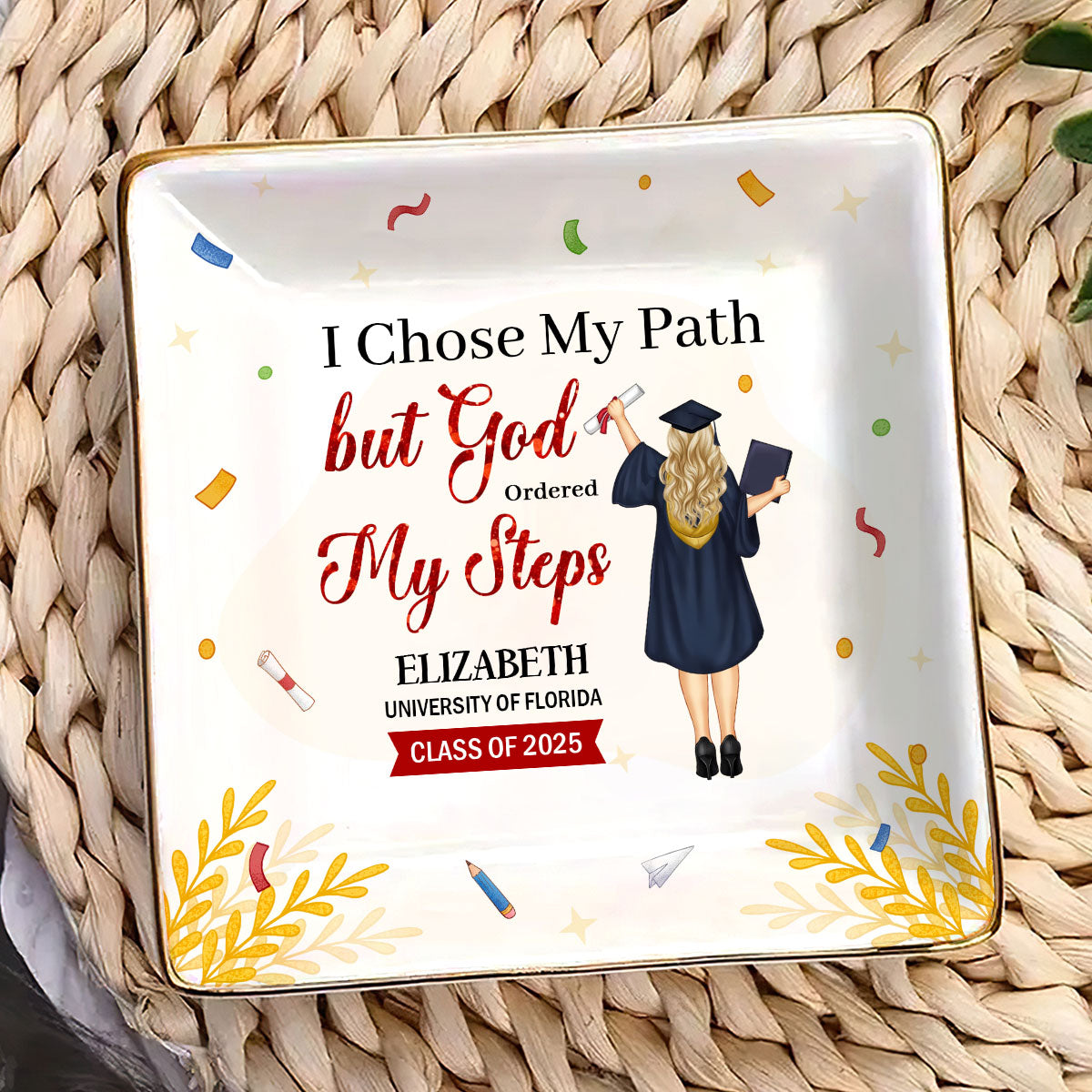 I Chose My Path But God Ordered My Steps | Personalized Ceramic Ring Dish Square