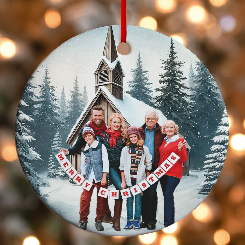 Family Christmas Church | Personalized Round Shaped Ceramic Ornament JSRSCOHLPA2666L