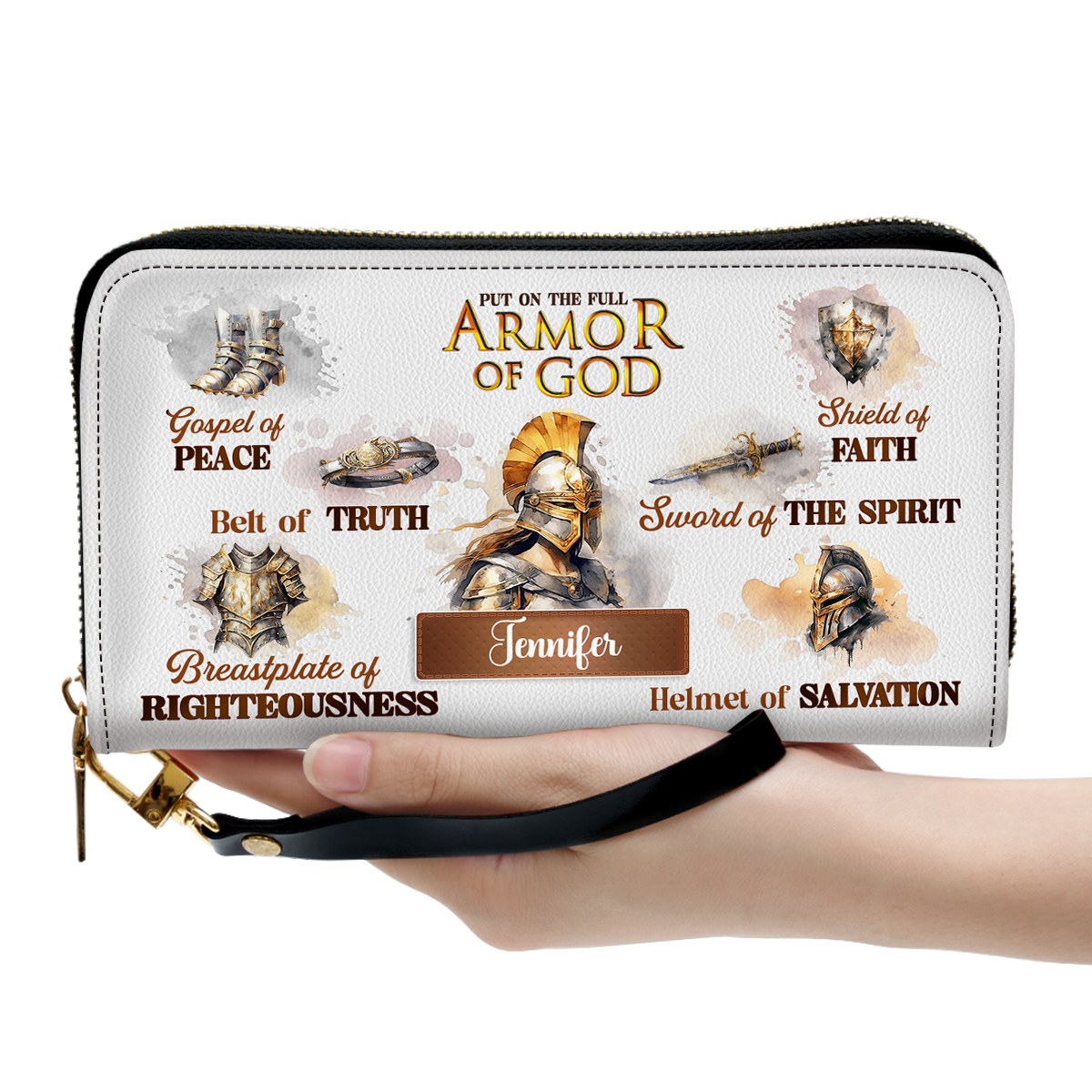 Personalized Leather Clutch Purse With Wristlet Strap Handle - Armor Of God