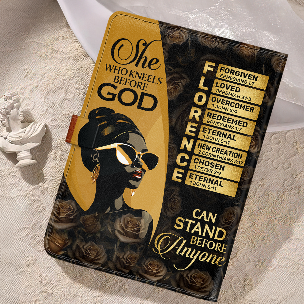 She Who Kneels Before God Can Stand Before Anyone | Personalized Leather Notebook & Pen Set