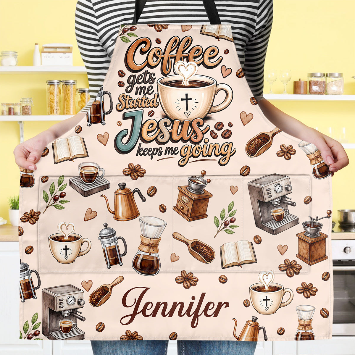 Coffee Gets Me Start Jesus Keeps Me Going | Personalized Apron With Pocket