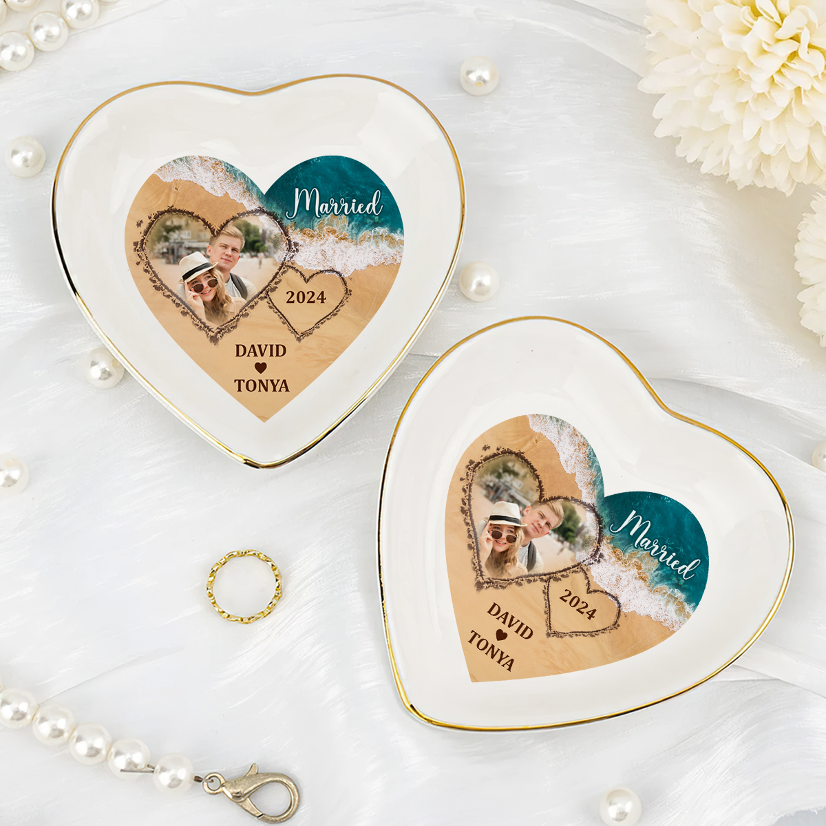 Married Engaged Couple & The Sea | Personalized Heart Shaped Jewelry Dish