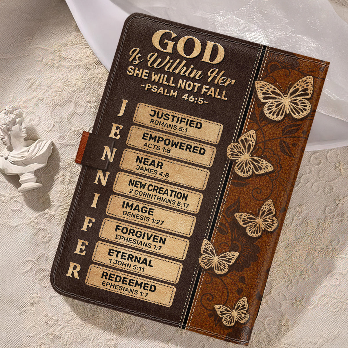 God Is Within Her She Will Not Fall Butterfly | Personalized Leather Notebook & Pen Set