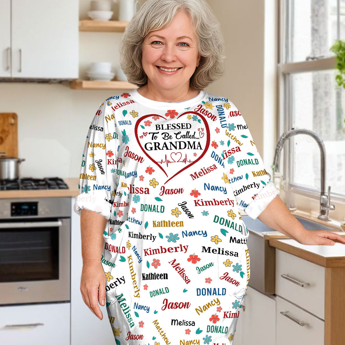 Blessed To Be Called Grandma | Personalized AOP Loose Pocket Oversize T-Shirt Dress