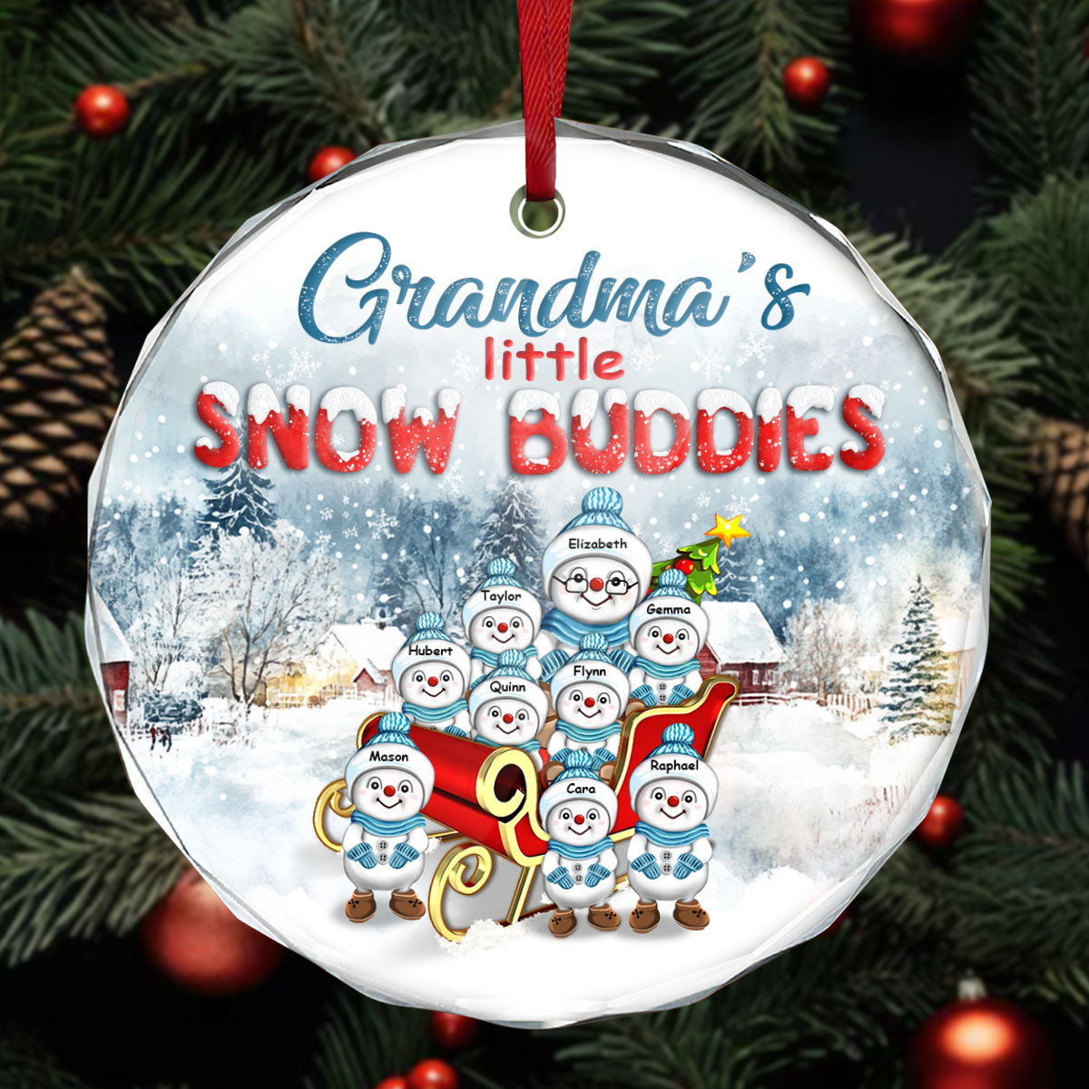 Grandma's Little Snow Buddies | Personalized 1-Side Round Glass Ornament JSURGOPPN2653T