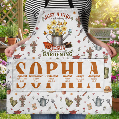 Just A Girl Who Loves Jesus And Gardening Birth Month Flower | Personalized Apron With Pocket