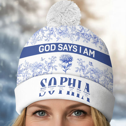 God Says I Am Toile De Jouy Style | Personalized Bobble Beanie Hat