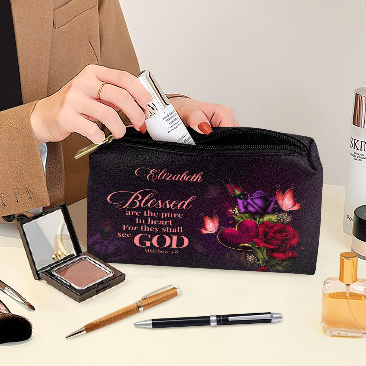 Jesuspirit | Personalized Butterfly And Rose Leather Pouch | Worship Gift For Women's Ministry | Matthew 5:8 | Blessed Are The Pure In Heart NUH472